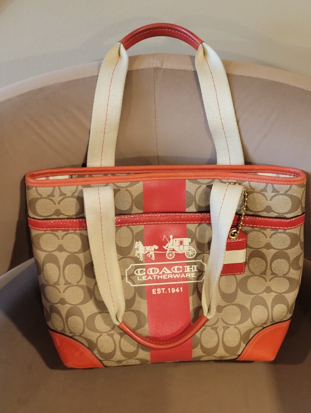 COACH Signature Tattersall Lining Canvas Tote with Red Accents - Picture 10 of 14